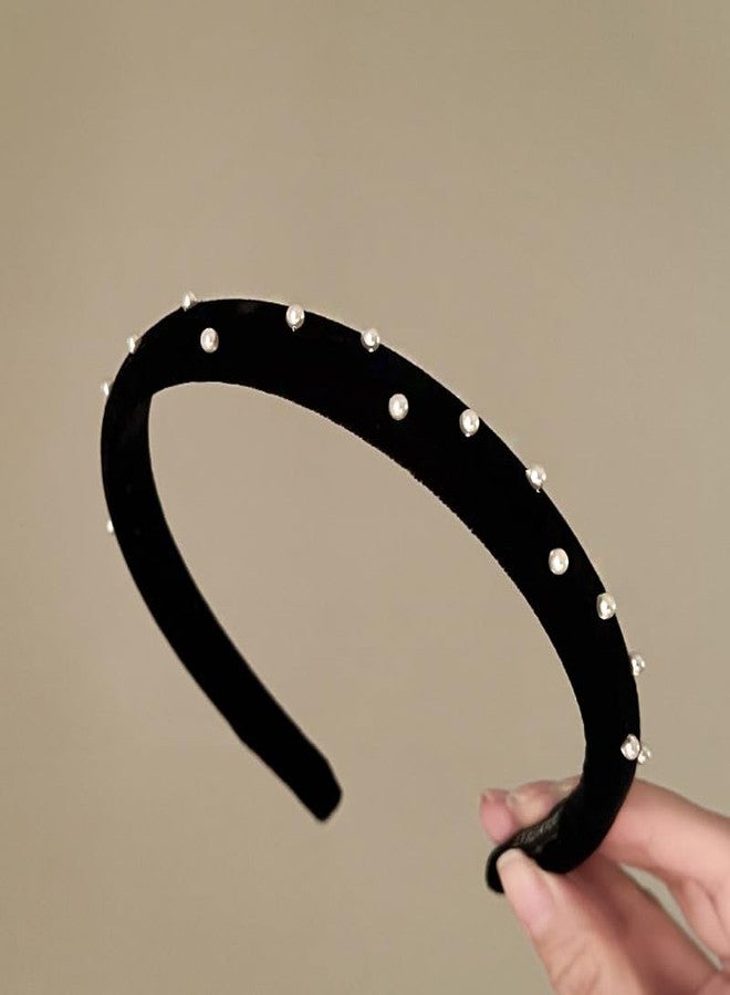TUCEWP Black Headbands for Women Girls Pearl Velvet Headbands Non Slip Soft Thick Padded Headband Vintage Fall Turban Headband No Teeth Head Bands Hoops Headwear Fashion Styling Tools Accessories - Image 3